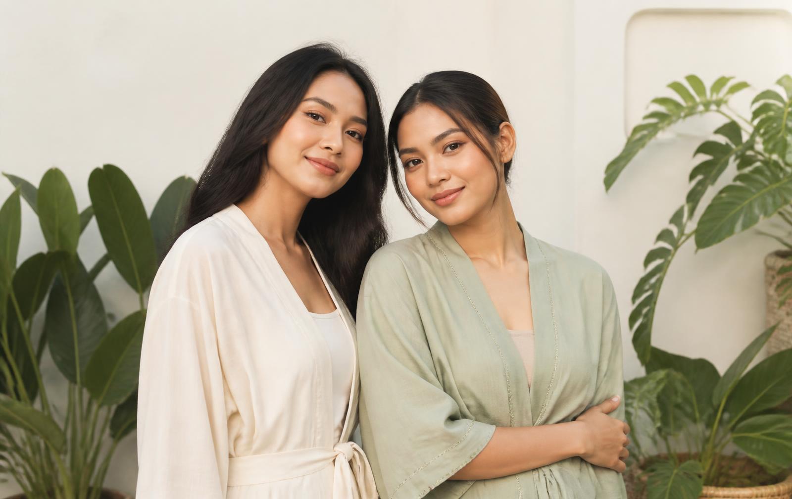 Dua perempuan berdiri bersama dengan latar dinding krem dan tanaman hijau