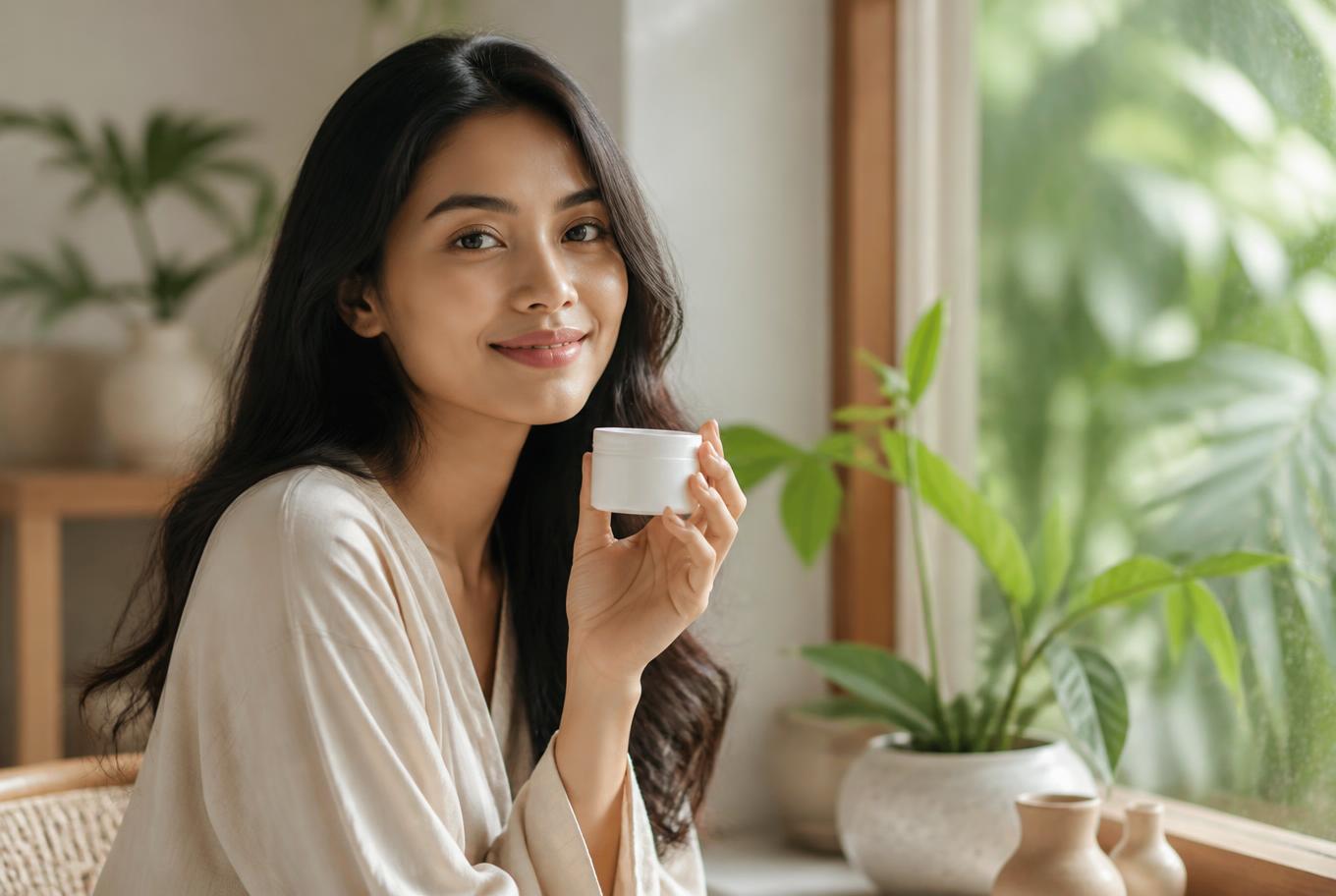 Perempuan tersenyum sambil memegang wadah perawatan kulit di dekat jendela